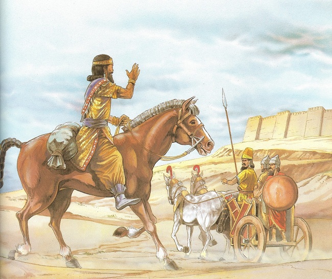 Soldado a caballo y carro de combate hititas 